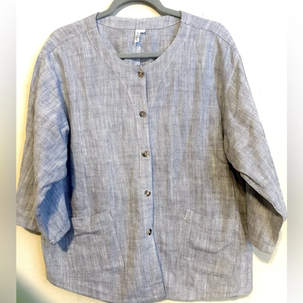 Keen Button Down Tunic Top Linen Cotton chevron Print Sz L Lagenlook Minimalist - Picture 3 of 6